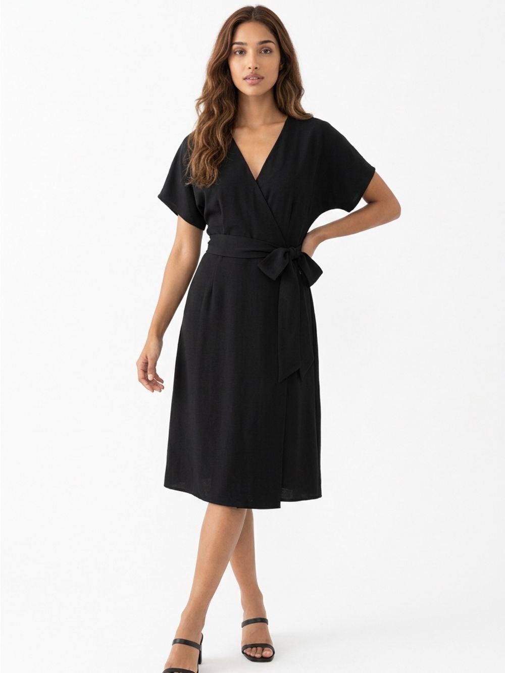 Charles Henry Black Wrap Midi Dress with Side Tie size Small